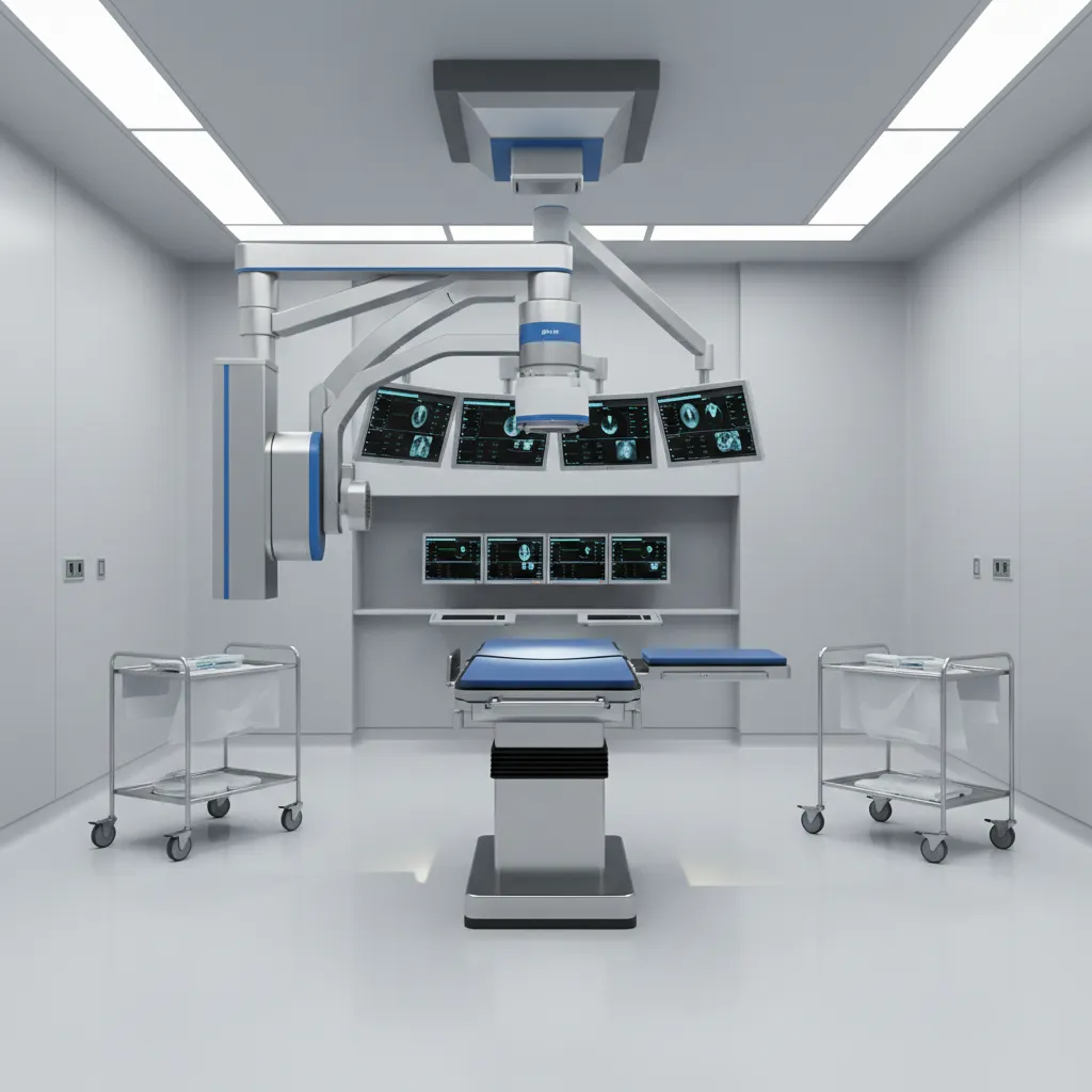 Modern interventional radiology suite layout with angiography system and procedure table