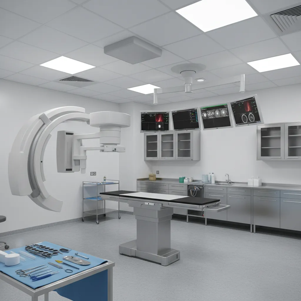 Overview of interventional radiology procedure room showing imaging equipment and patient table