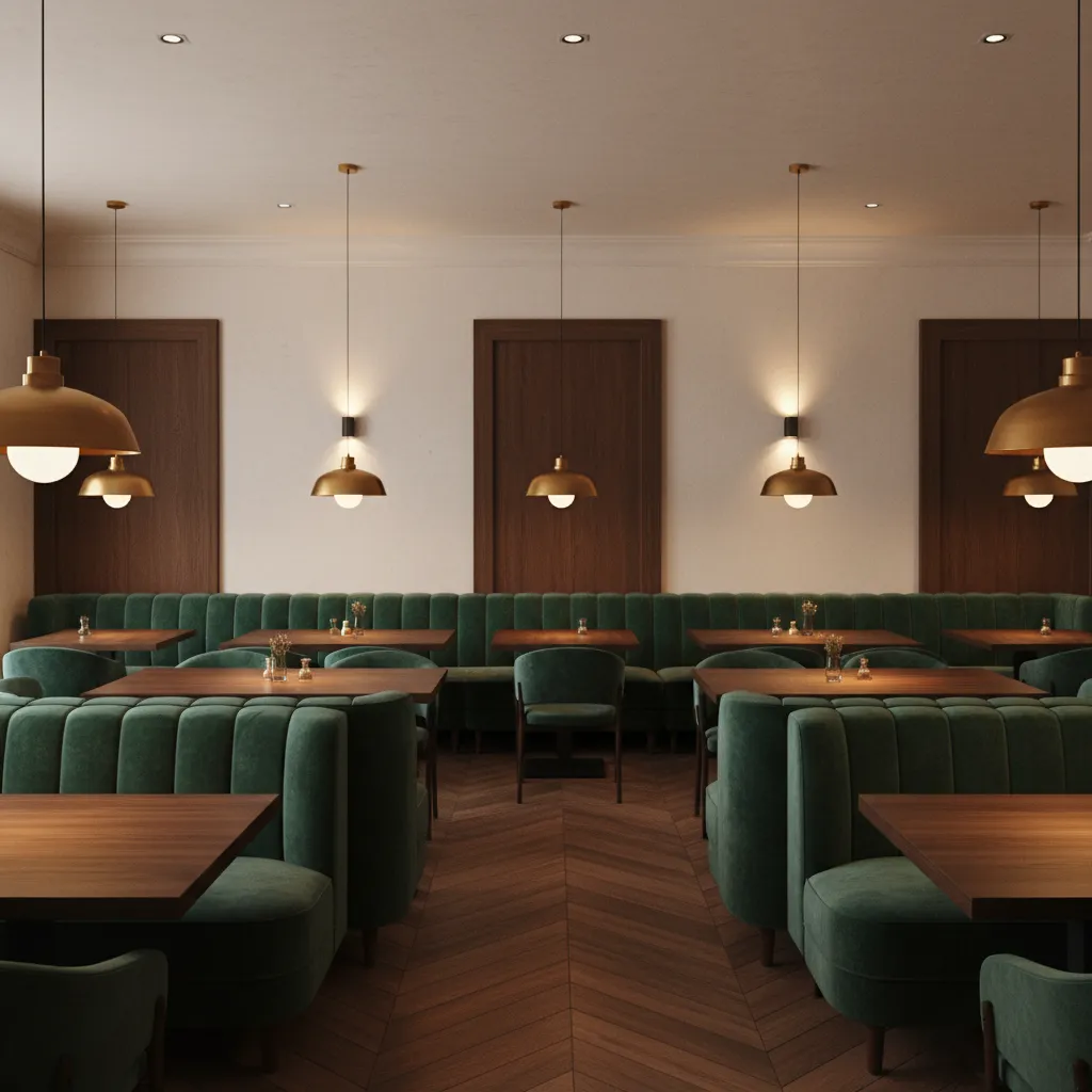Cozy restaurant dining area with warm pendant lighting and booth seating