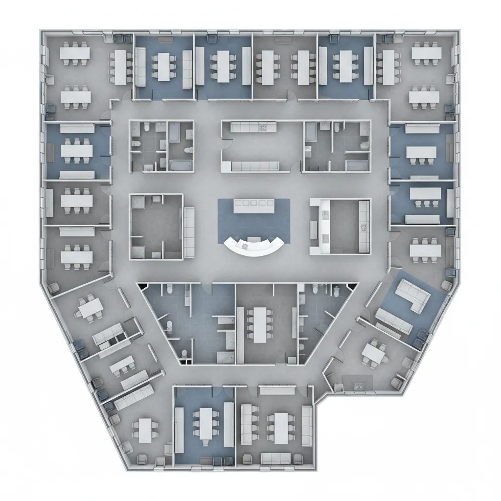 Complex multi room building floor plan model inside CAD environment