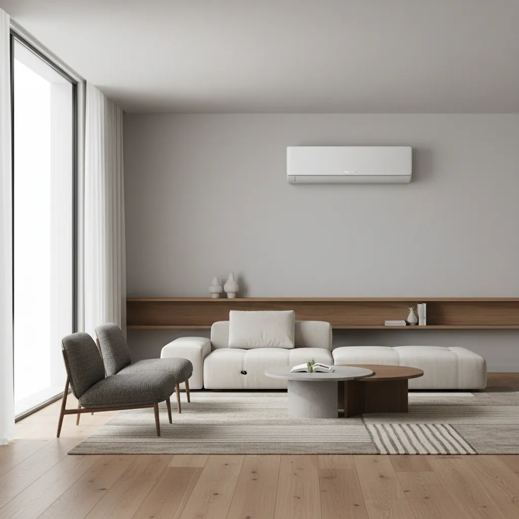 modern inverter air conditioner unit installed in a small minimalist living room