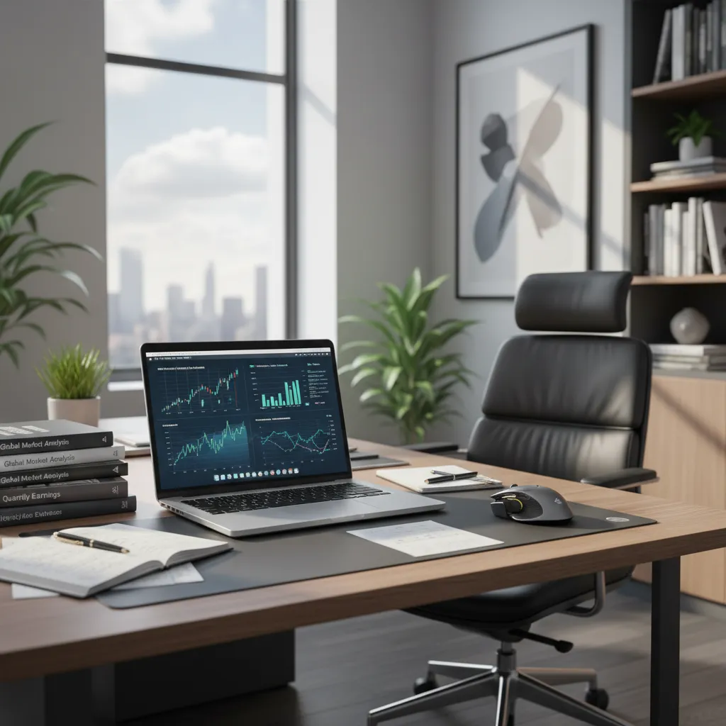 research analyst workspace with documents and analytical charts