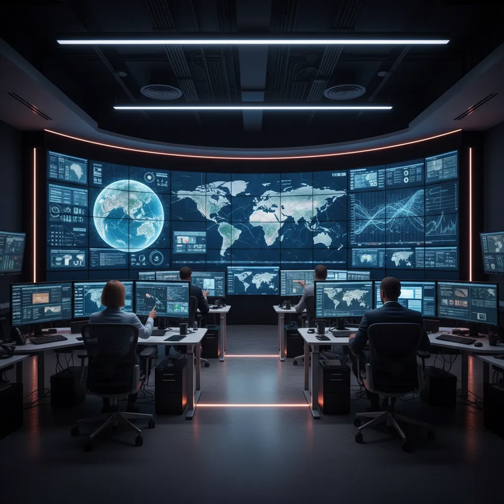 investigators analyzing intelligence data and threat maps in a command center