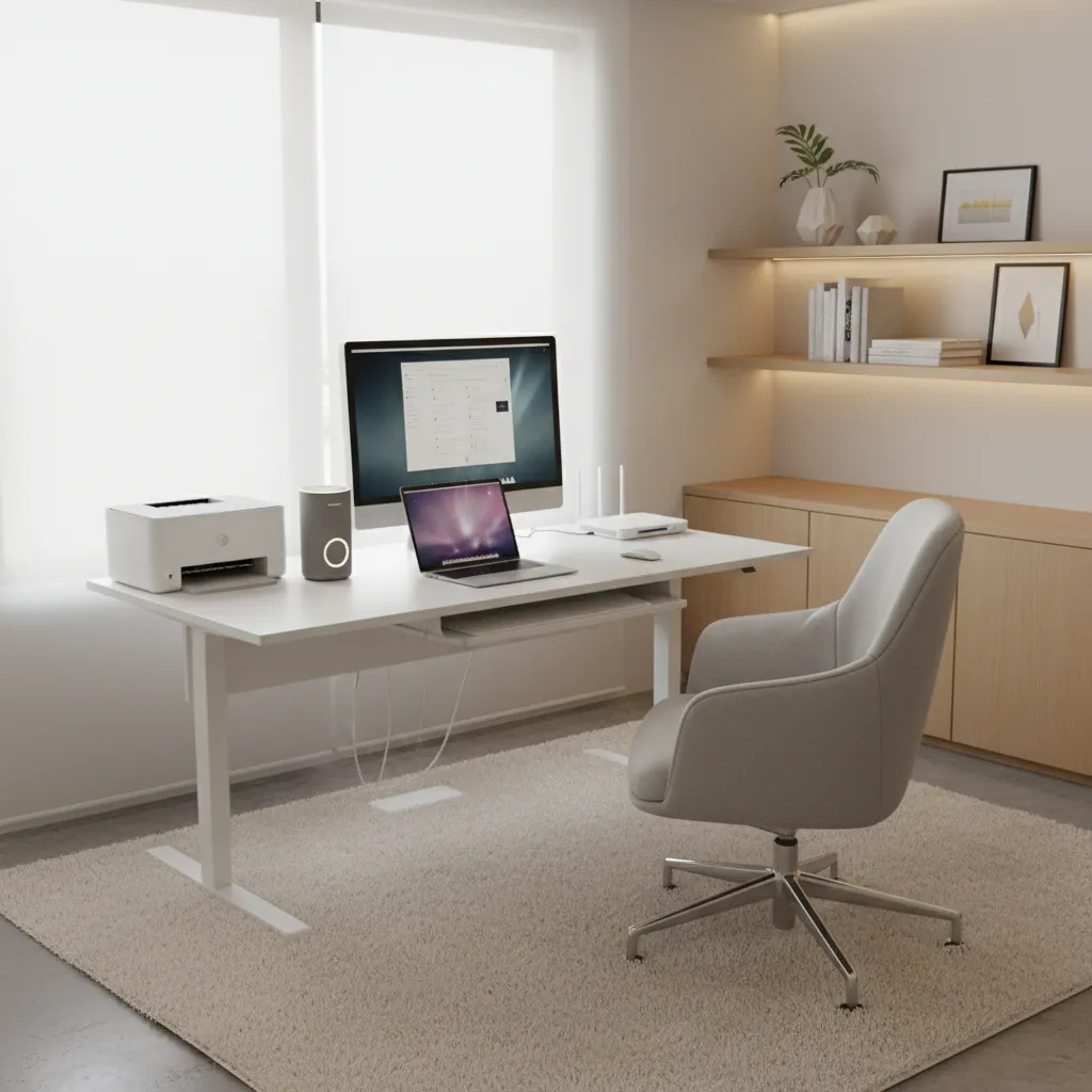 Smart office devices such as printer speaker and lighting connected in workspace