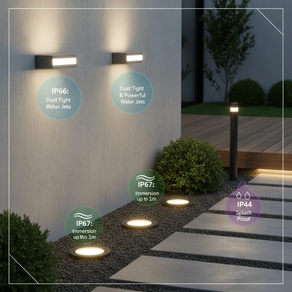 Outdoor lighting fixtures with labels explaining IP protection ratings
