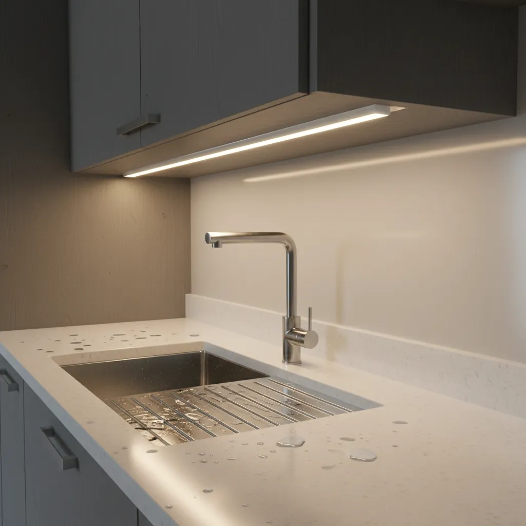 Close view of waterproof IP65 LED strip installed under kitchen cabinet near sink