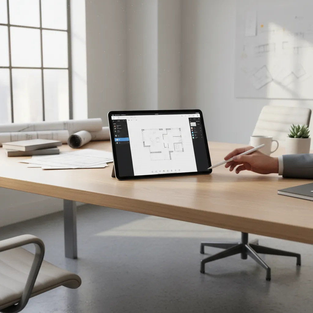 Interior designer creating a digital floor plan on iPad with Apple Pencil