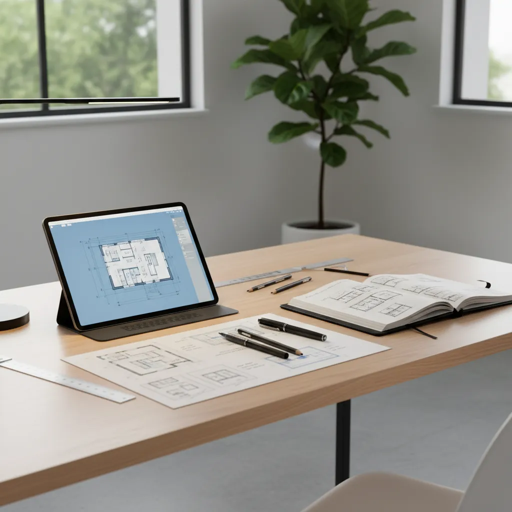 Interior design workflow showing iPad floor plan sketch next to architectural notes
