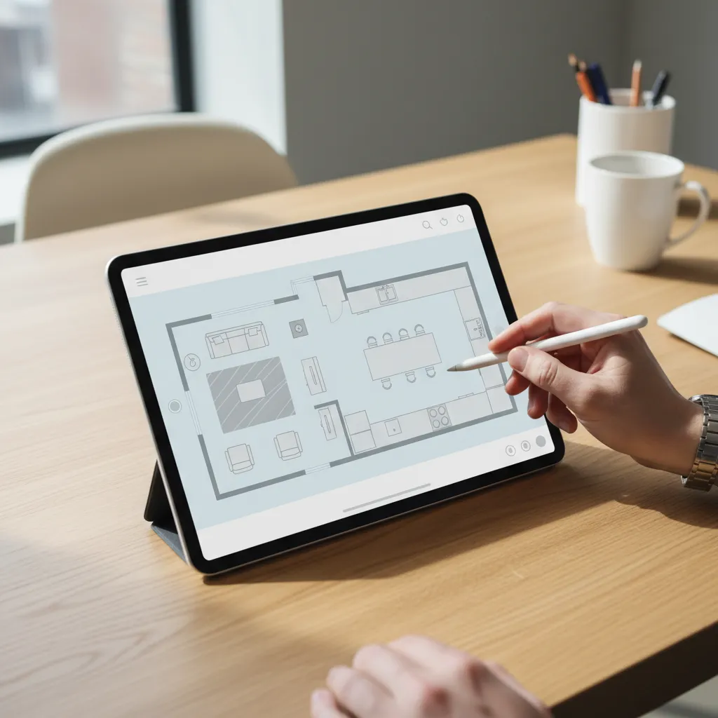 iPad screen displaying a clean floor plan layout with furniture arrangement