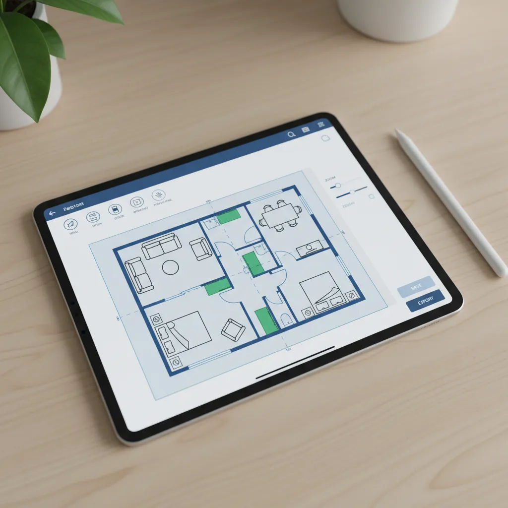 Floor plan layout interface on iPad showing walls doors and furniture placement