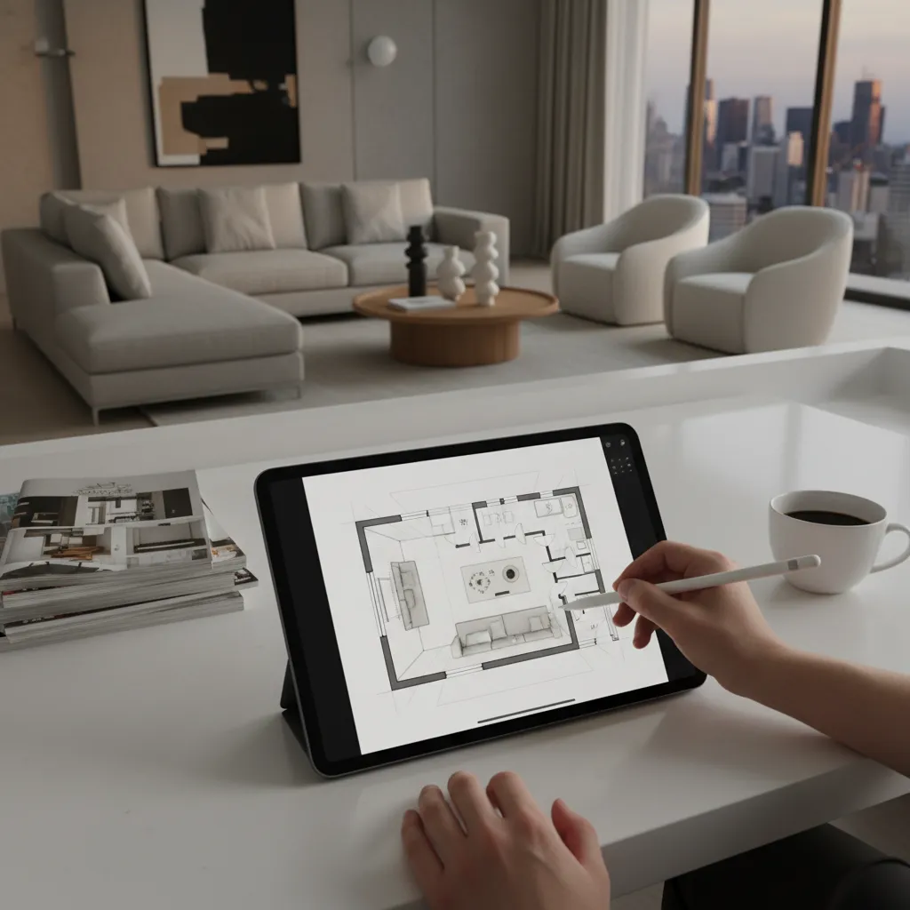 Designer sketching apartment layout on iPad using floor plan app