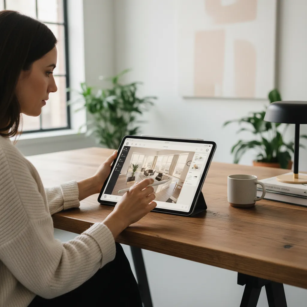 Woman using Coohom app on tablet to edit a 3D living room interior design drawing