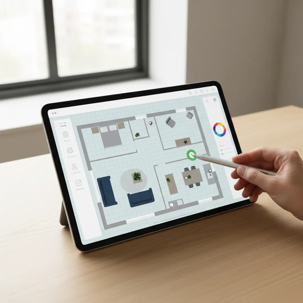 Person using a stylus on a tablet screen to edit a floor plan with furniture