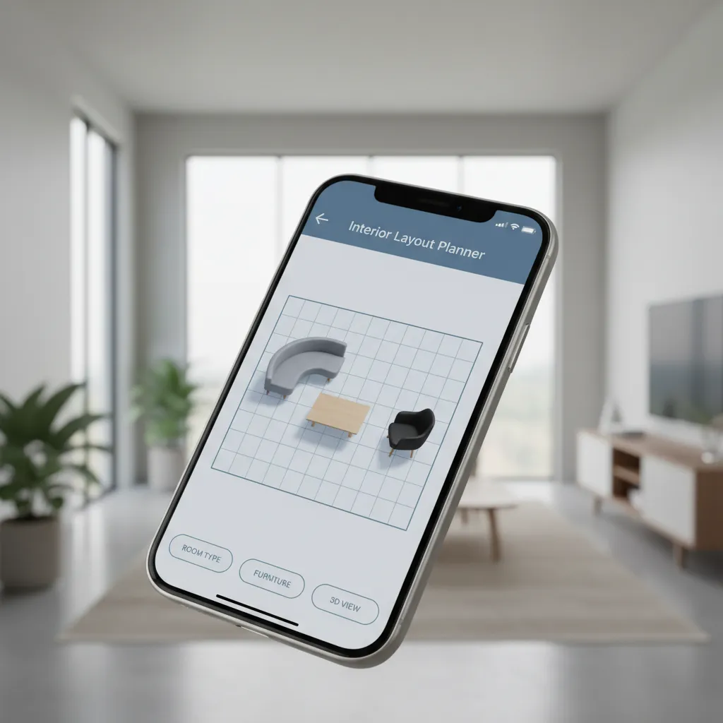 iPhone showing a digital living room layout with furniture blocks arranged on a grid