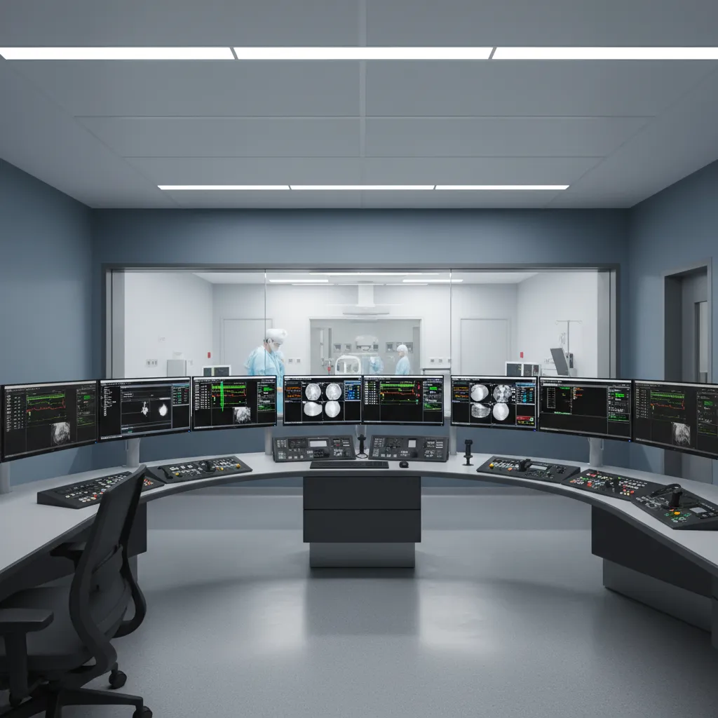 Interventional radiology control room with lead glass viewing window facing procedure room