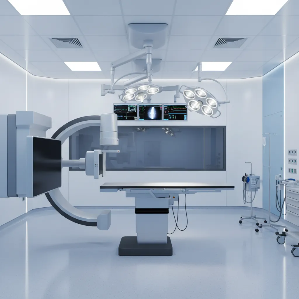C-arm imaging system rotating around procedure table showing clearance space