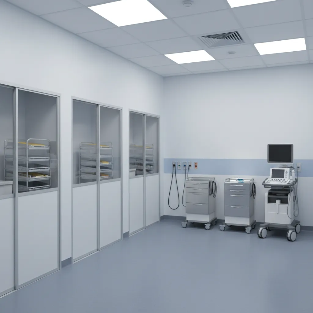 Interventional radiology room with organized equipment storage alcoves and carts