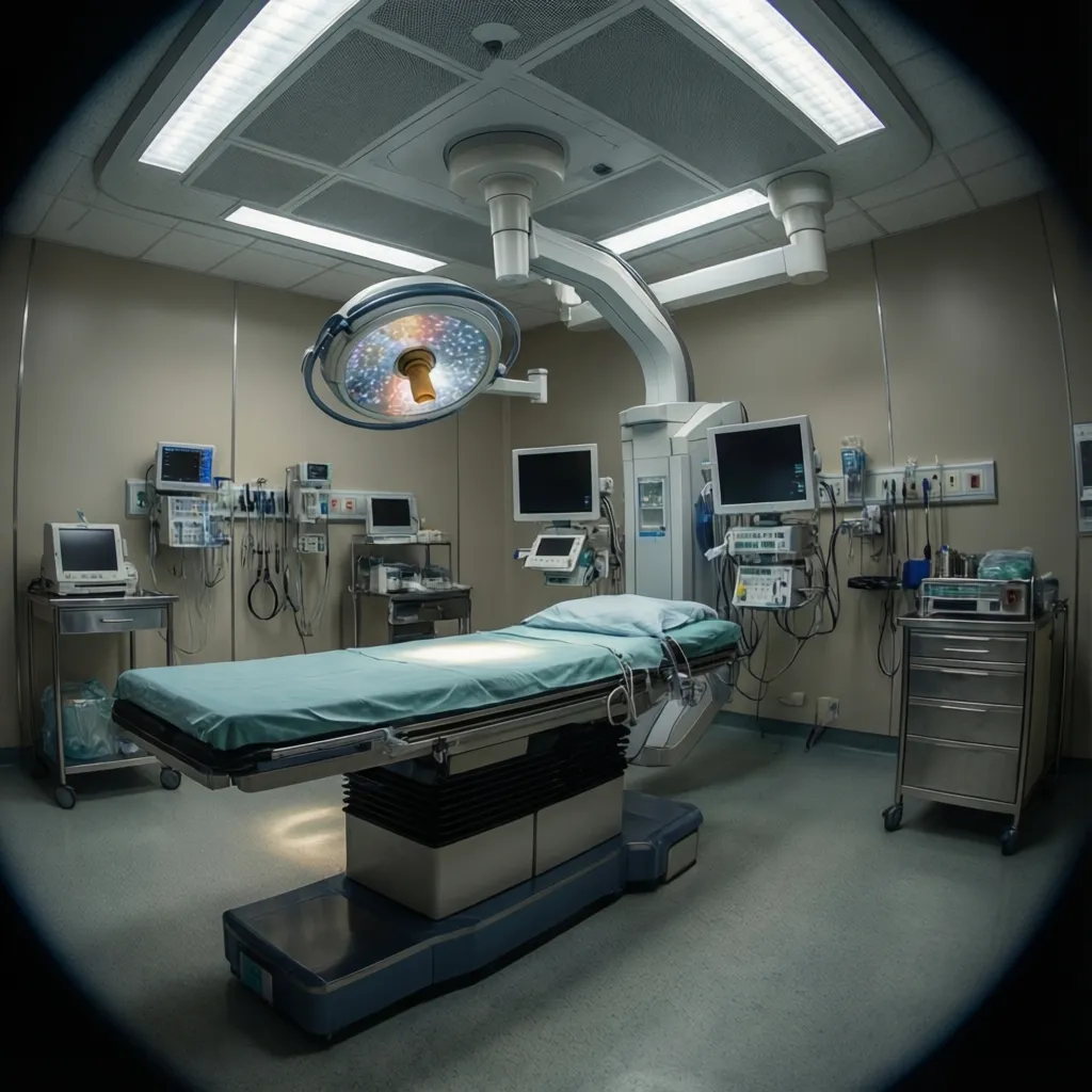 Overview of an interventional radiology suite with C-arm imaging system and procedure table