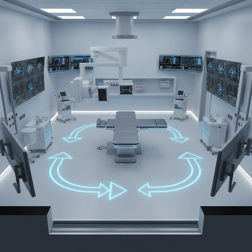 Interventional radiology room diagram highlighting staff circulation paths around procedure table