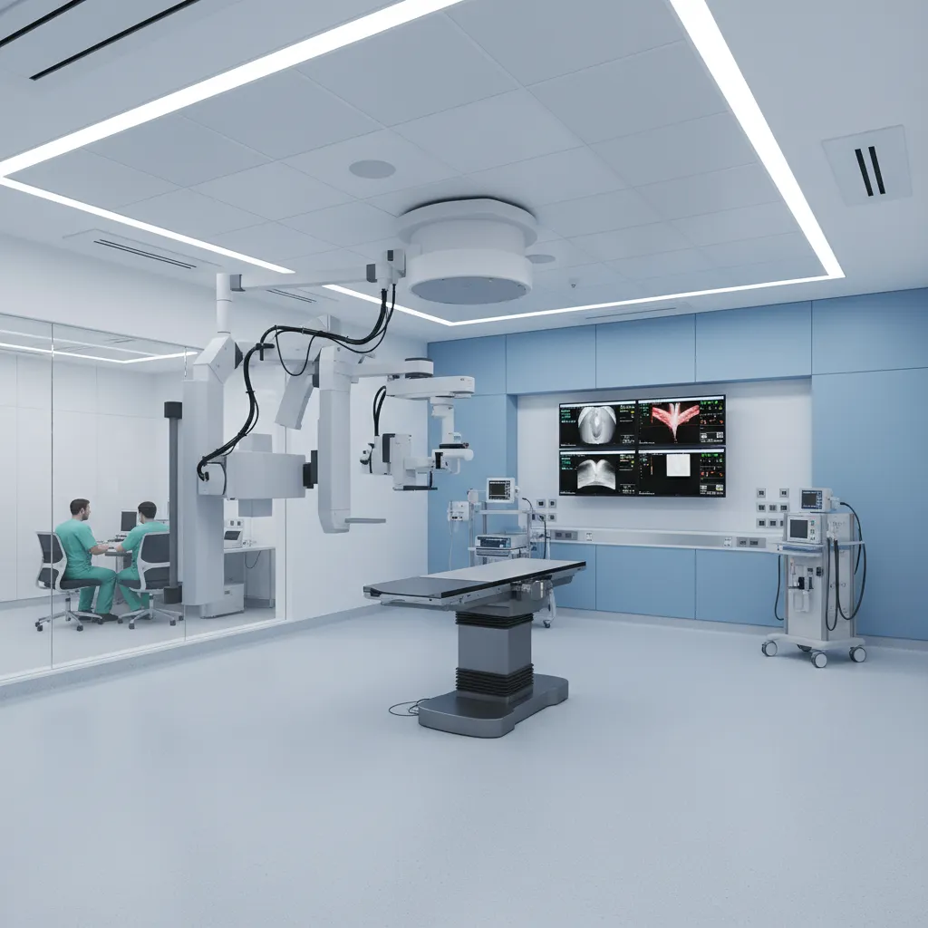 Interventional radiology suite interior showing workflow zones around procedure table