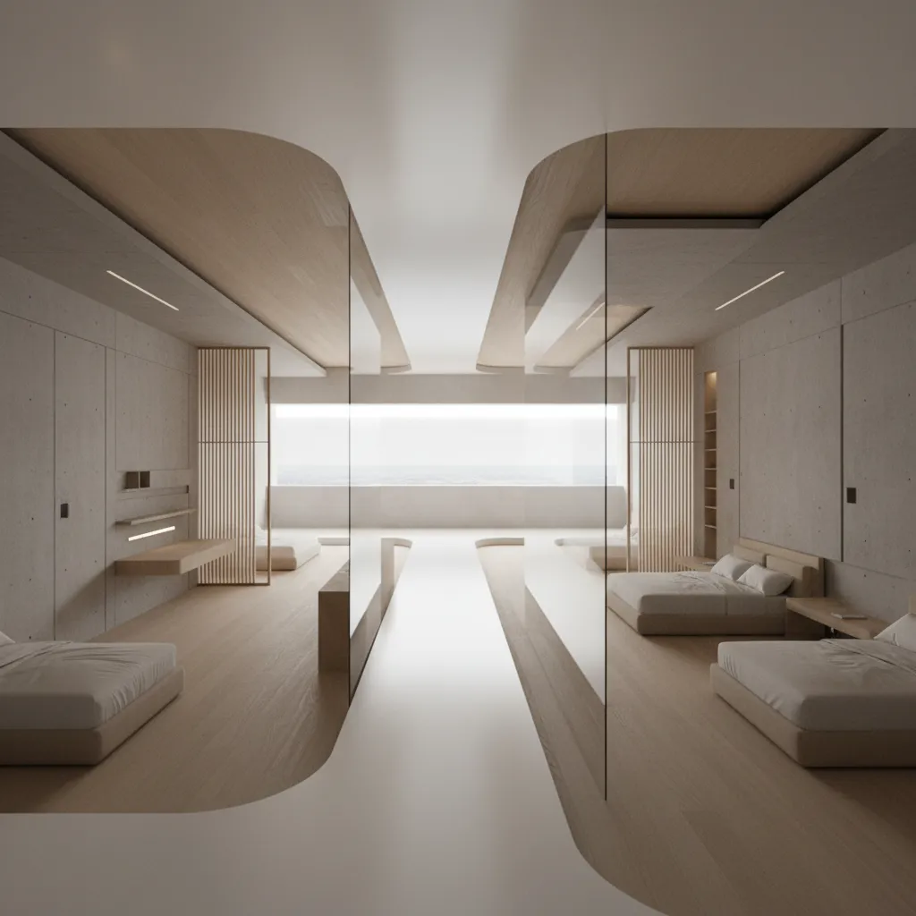 Modern minimalist bedroom with wooden floor grey walls glass partition three beds and natural light