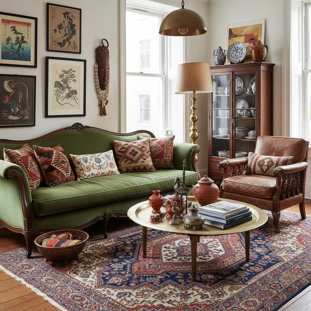 Salón ecléctico con mezcla de estilos, textiles y arte decorativo
