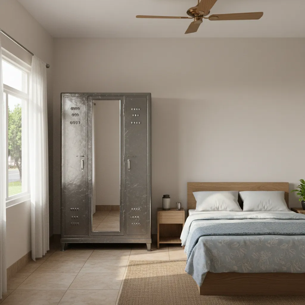 Classic steel iron almirah wardrobe placed in a modest bedroom interior