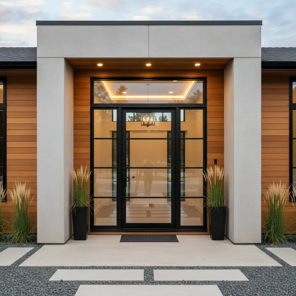 Modern house entrance with black glass door wood siding white concrete pillars and green plants