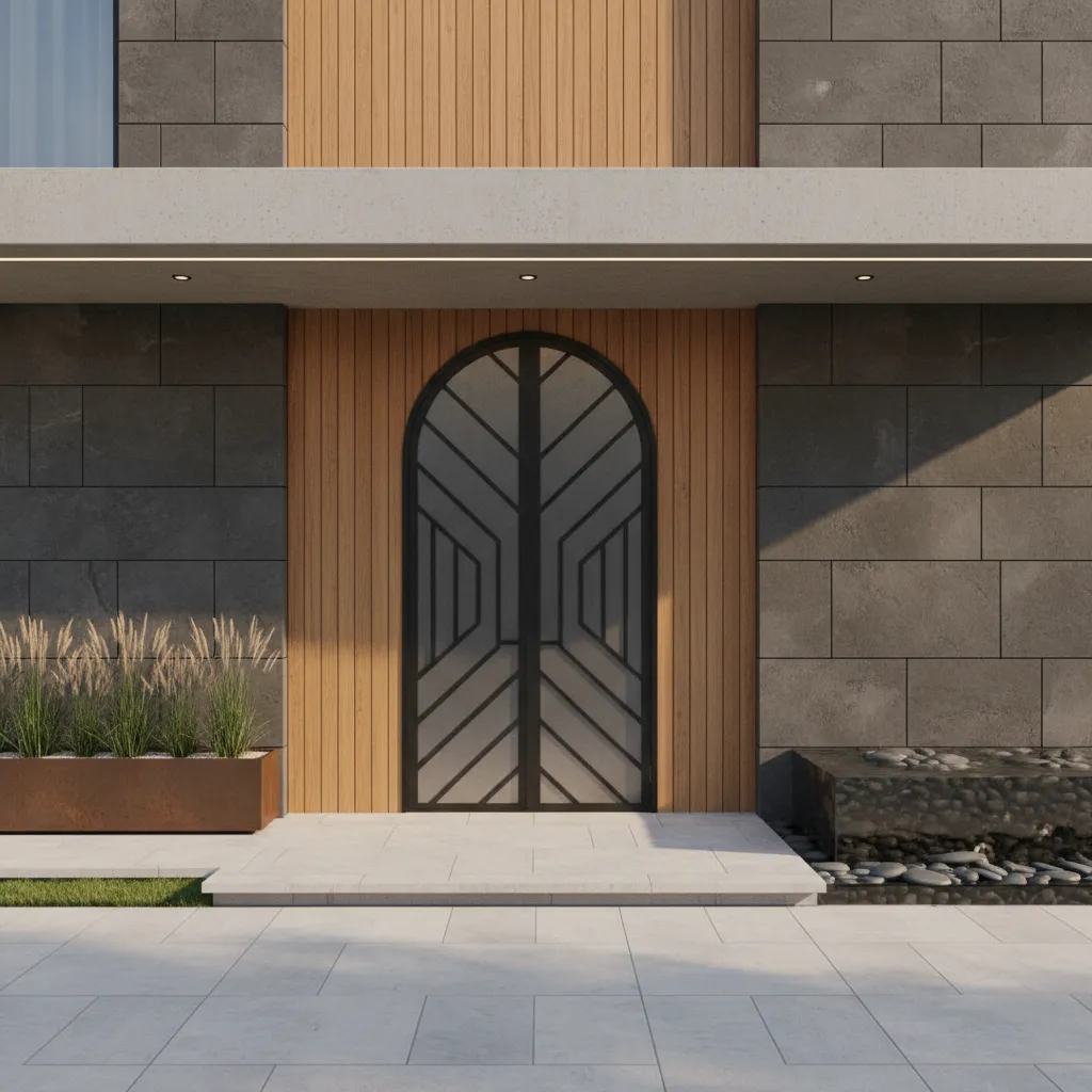 Modern house entrance featuring arched black metal door with wood wall panels and grey stone