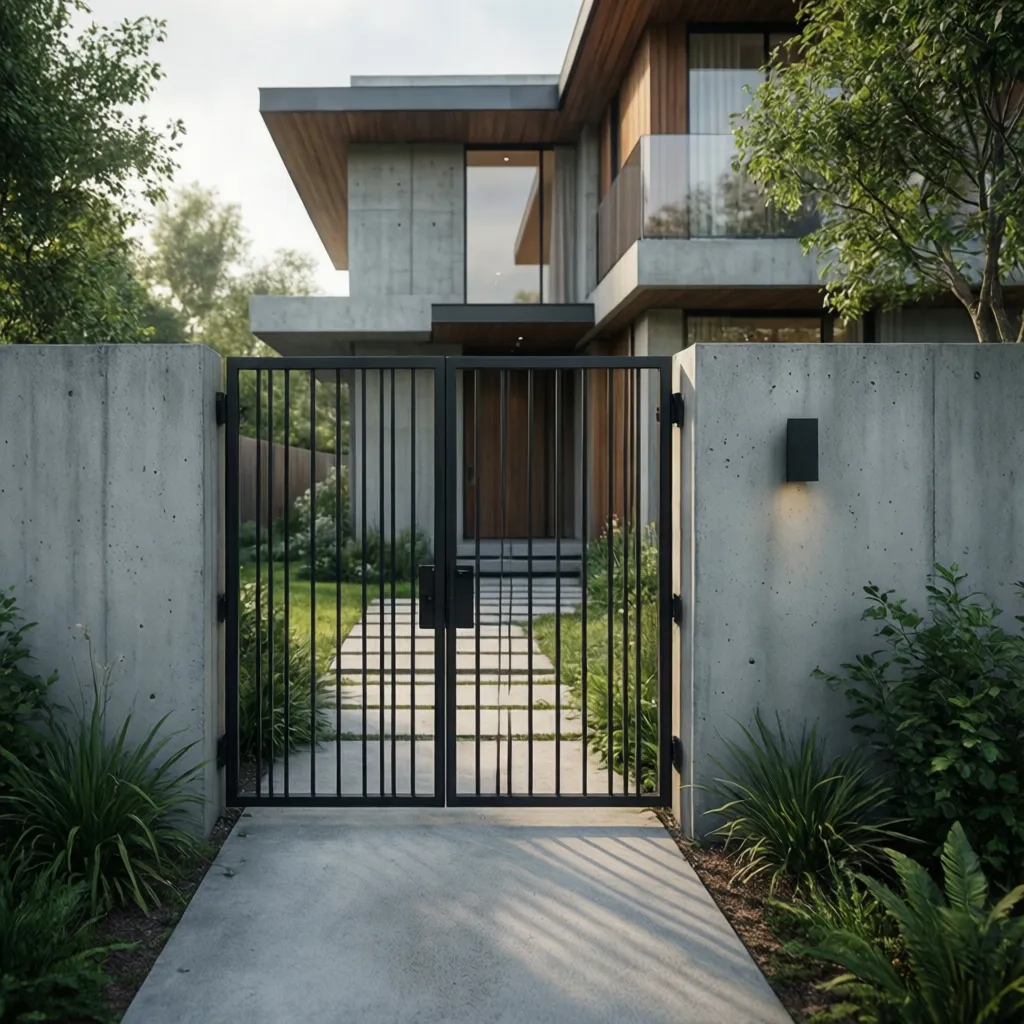 Entrada de casa contemporánea con portón de hierro minimalista