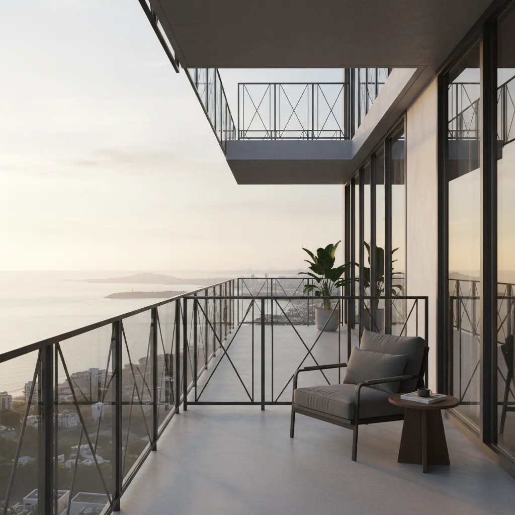 Modern balcony railing combining iron frame and glass panels