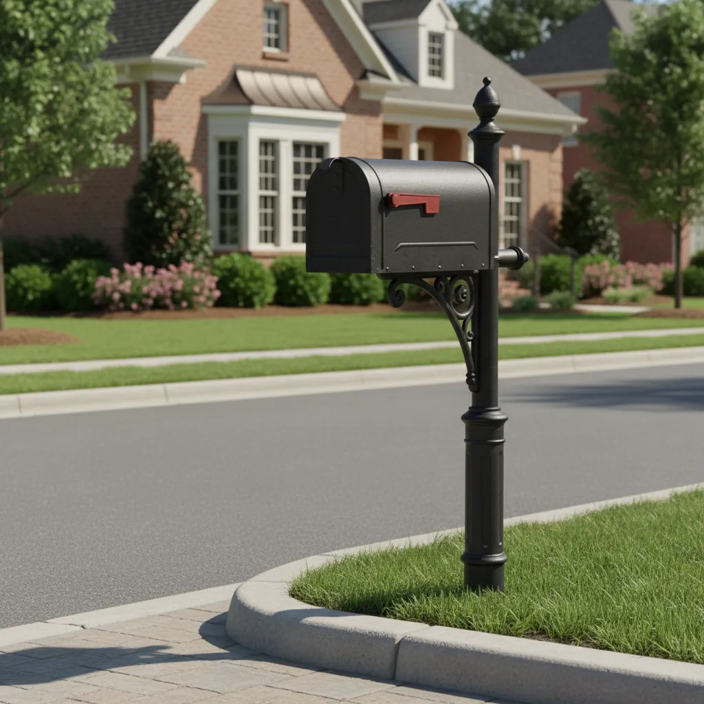 heavy duty iron mailbox installed on curbside post