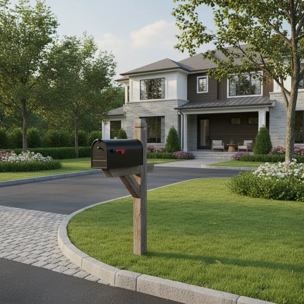 Black iron mailbox installed on a post near a residential driveway