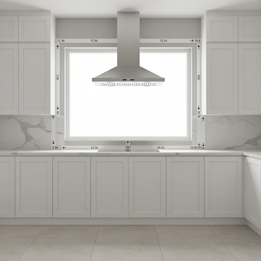 Kitchen backsplash with window and range hood showing irregular measurement sections