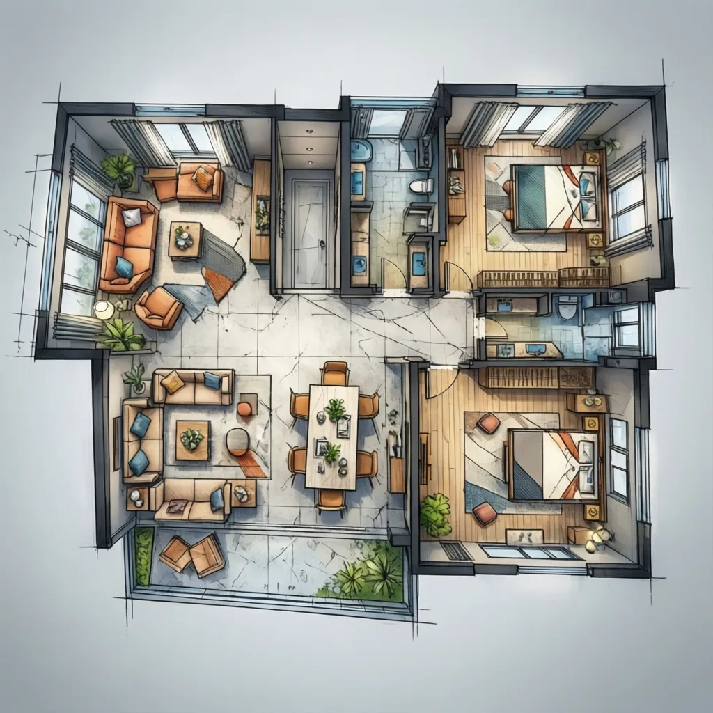 Plano de apartamento irregular con zonas funcionales marcadas