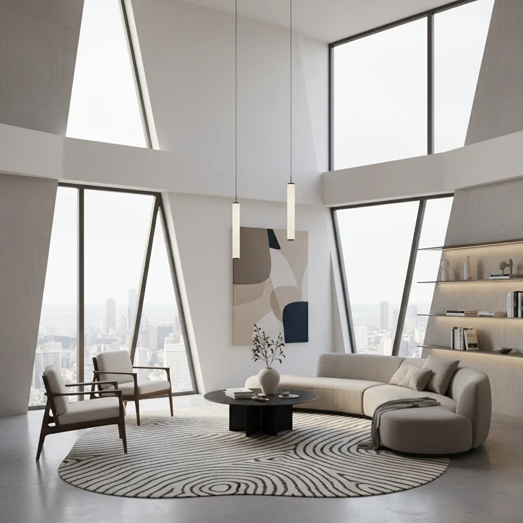 Example of an irregular shaped living room with angled walls and balanced furniture placement