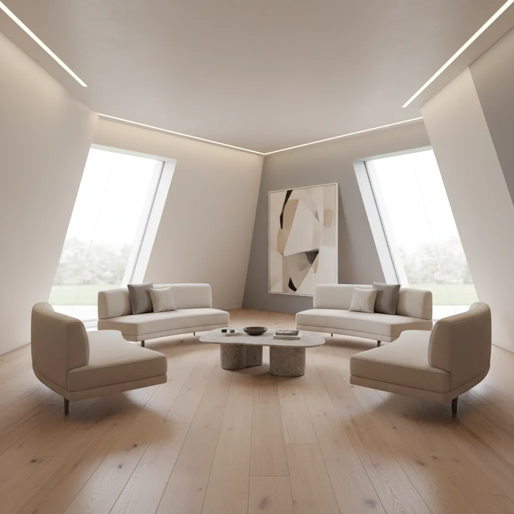 Awkward living room with angled walls and furniture arranged to create functional zones