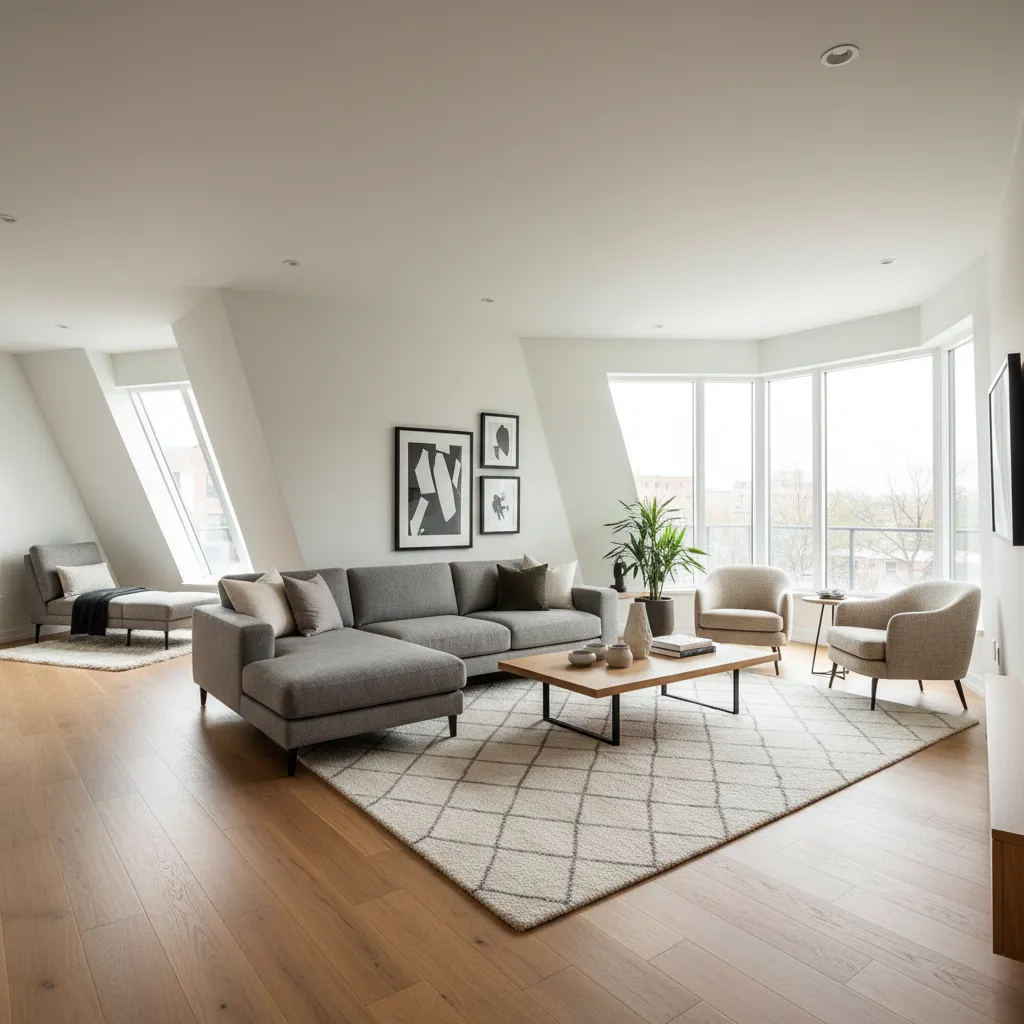designer planned layout inside an irregular living room with angled walls