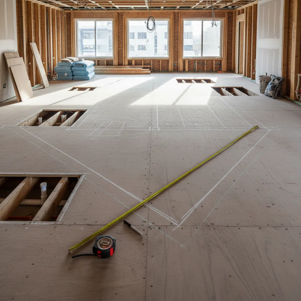Floor layout chalk lines across irregular room before flooring installation