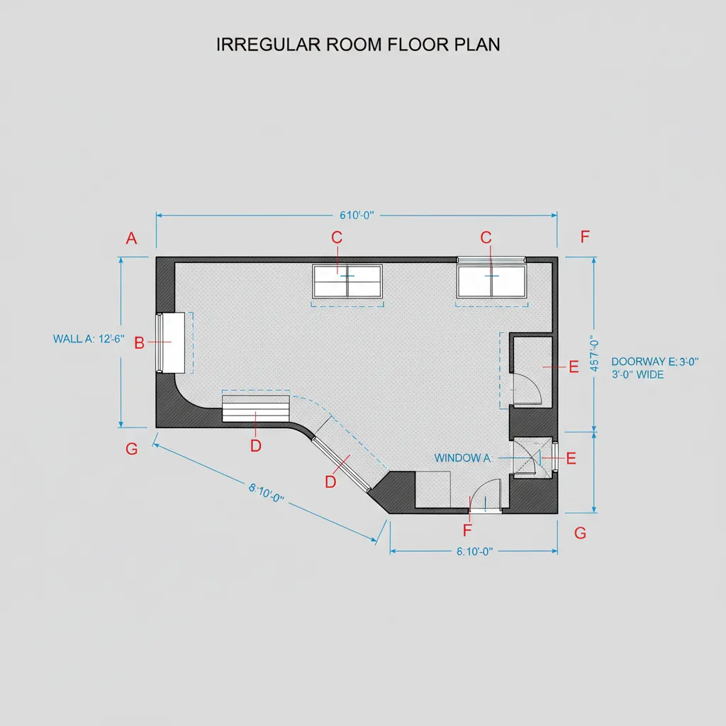 Irregular room layout with multiple wall segments measured for baseboards