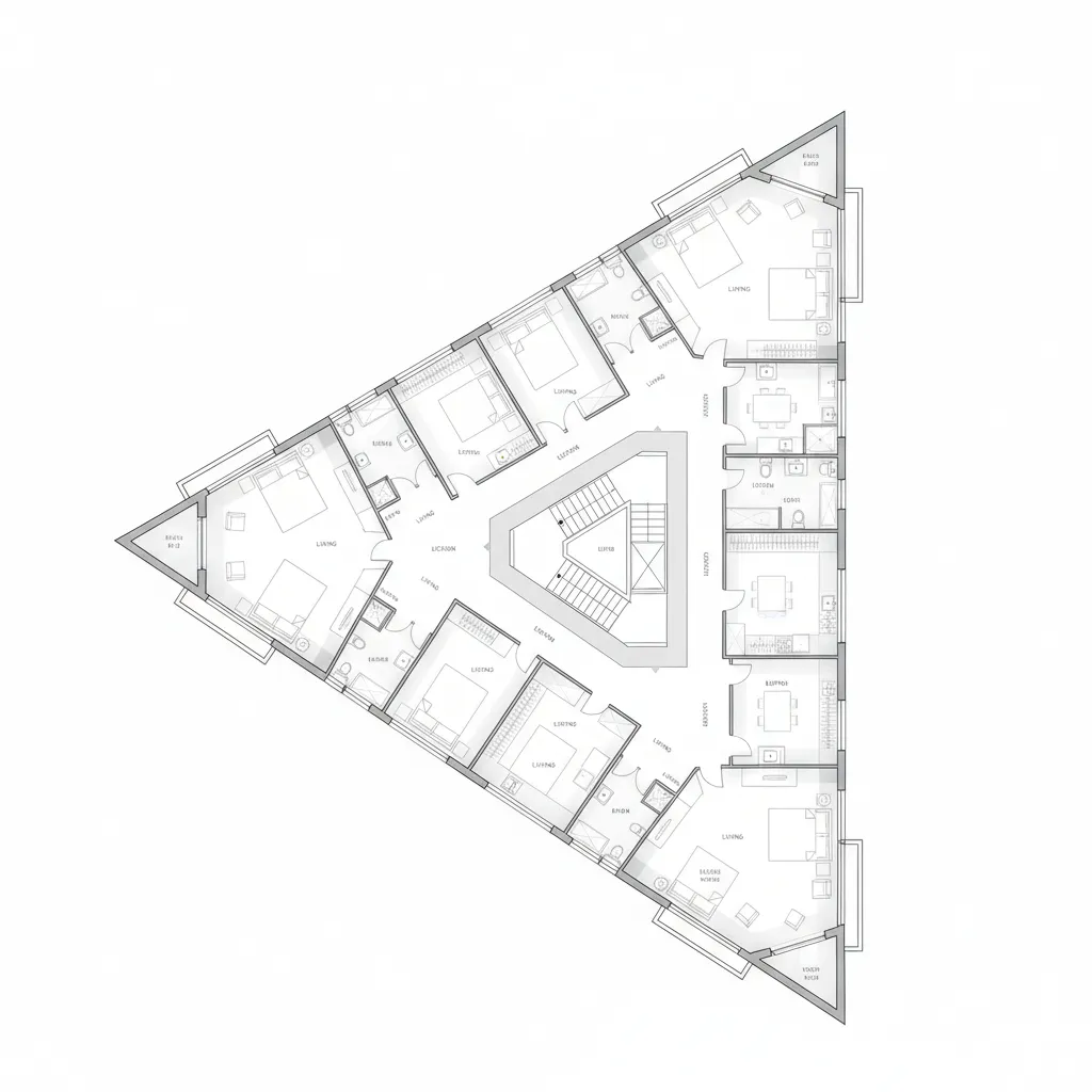 Triangle shaped building floor plan showing multiple apartment units with central stairs and elevator area
