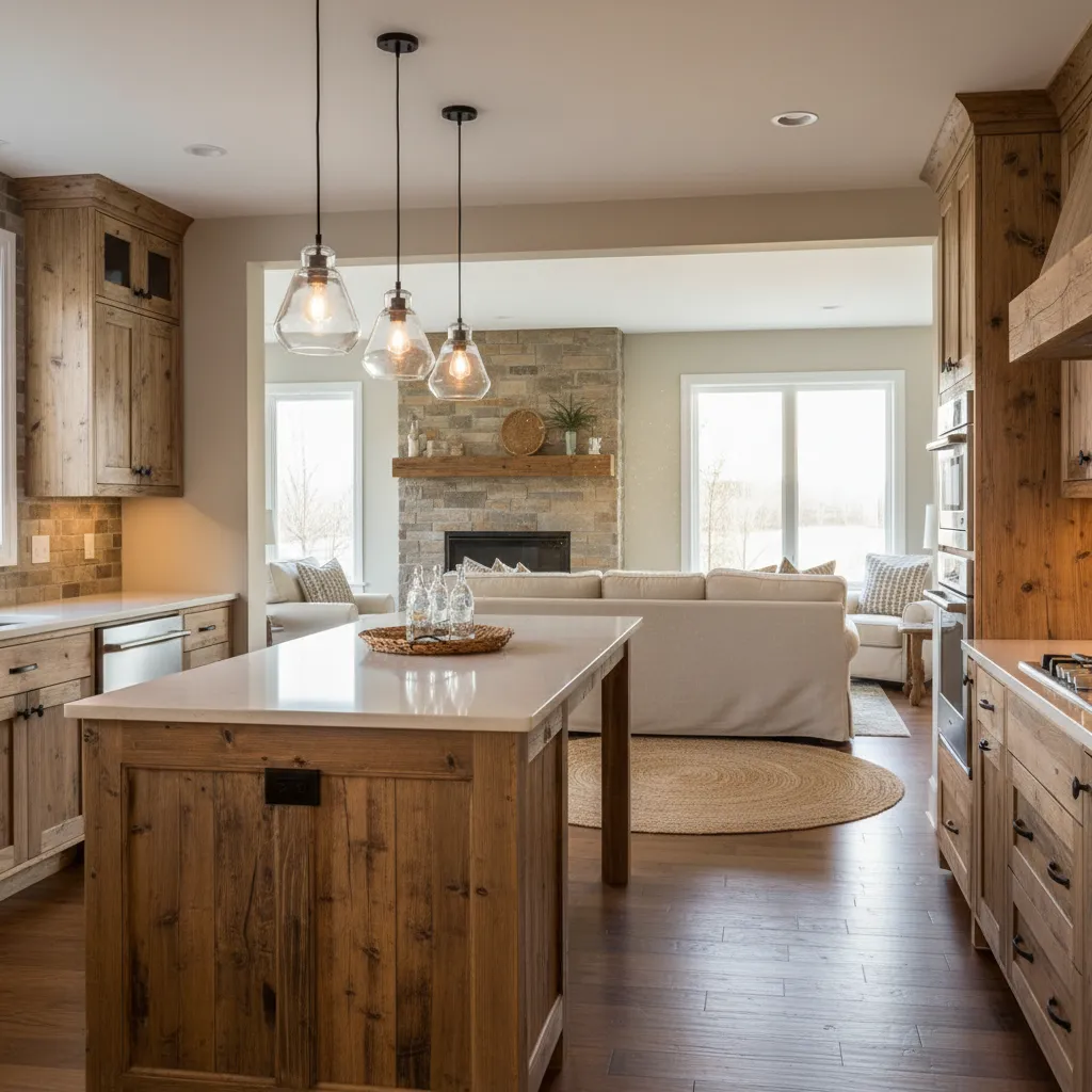 Cocina rural con isla central que conecta con el salón