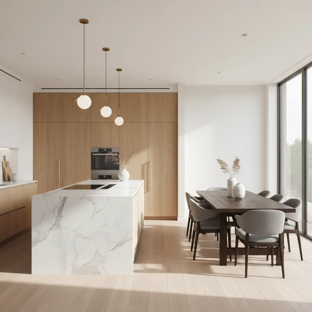 Modern kitchen with marble island wood cabinets dining table grey chairs and round ceiling lights