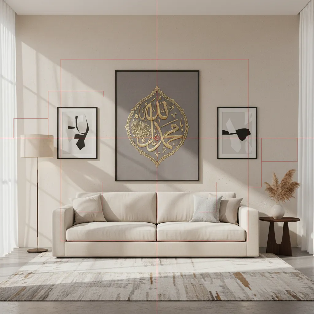 Example showing correct size proportion of Islamic wall art above sofa