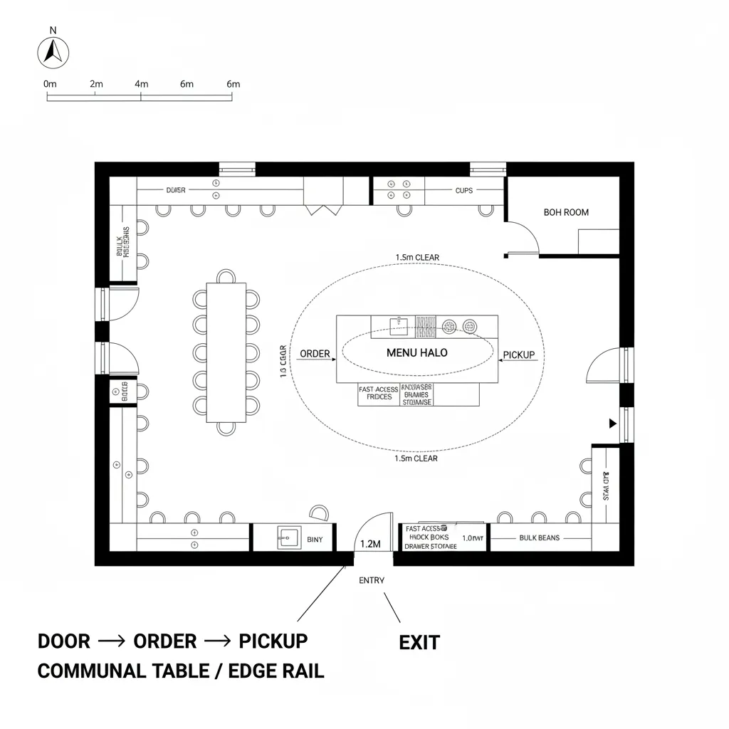 Interior design drawing of cafe floor plan with large communal table and central island bar