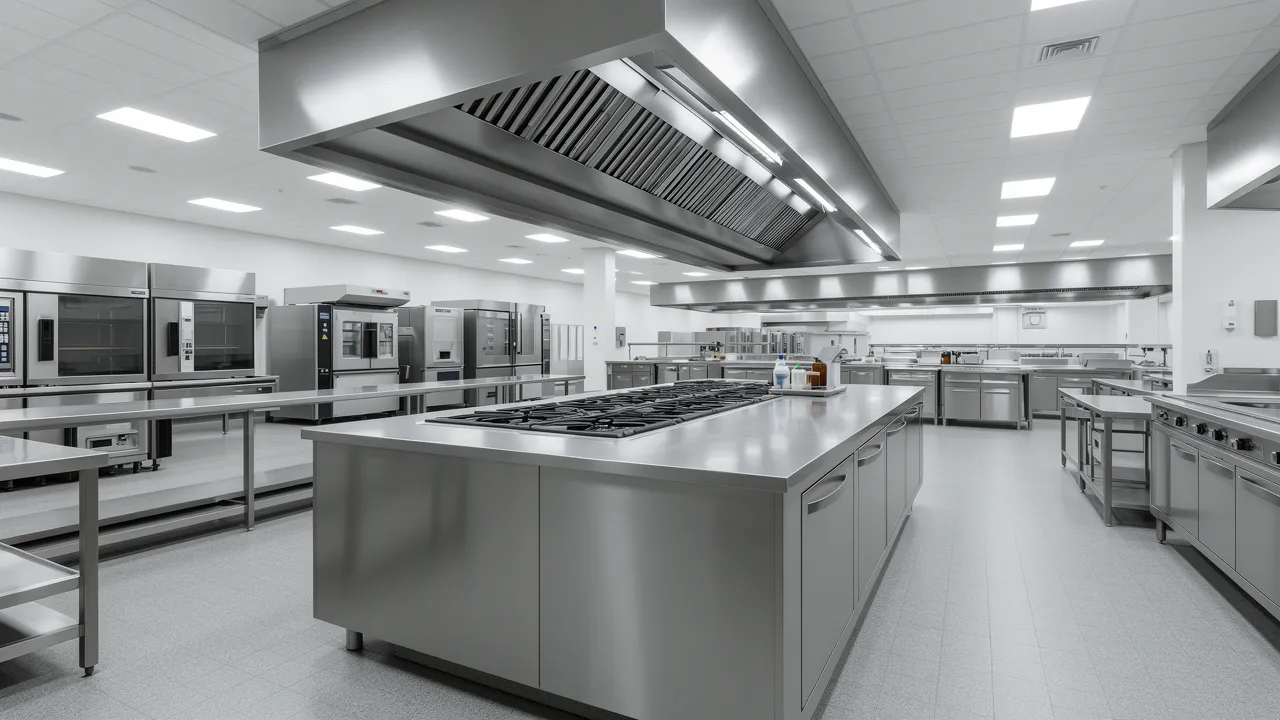 large island canopy hood above central cooking station in commercial kitchen