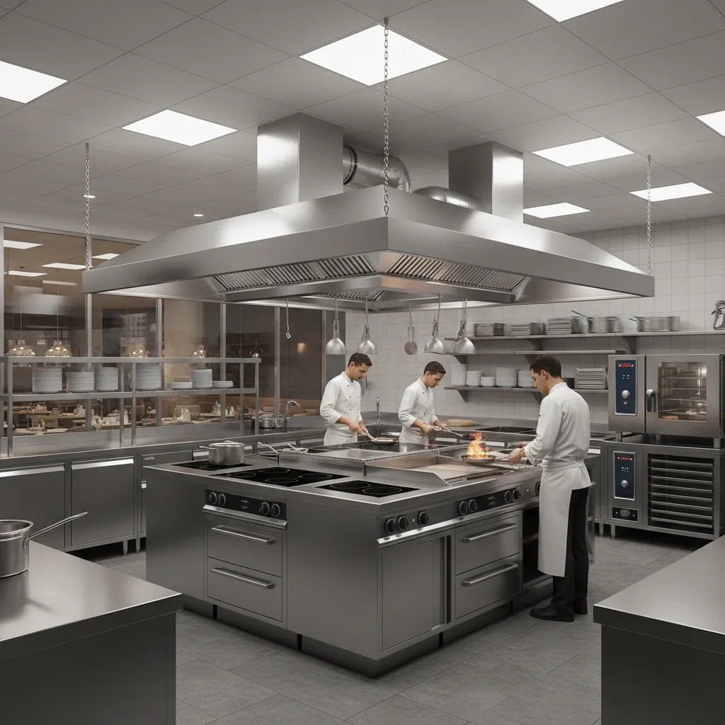 Island canopy exhaust hood above central cooking station