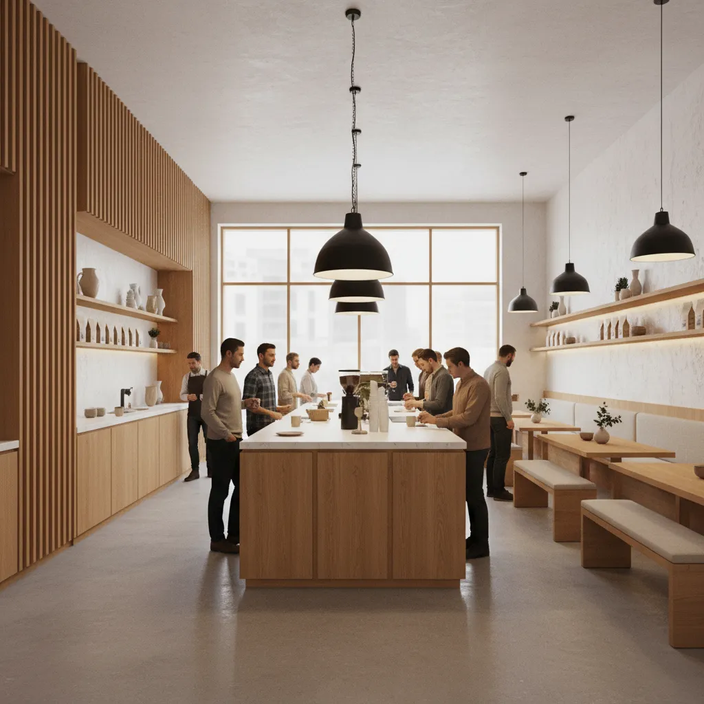 Open minimalist cafe with central island coffee counter