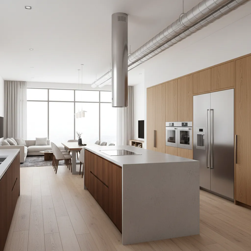 modern island kitchen chimney hanging from ceiling vented outside