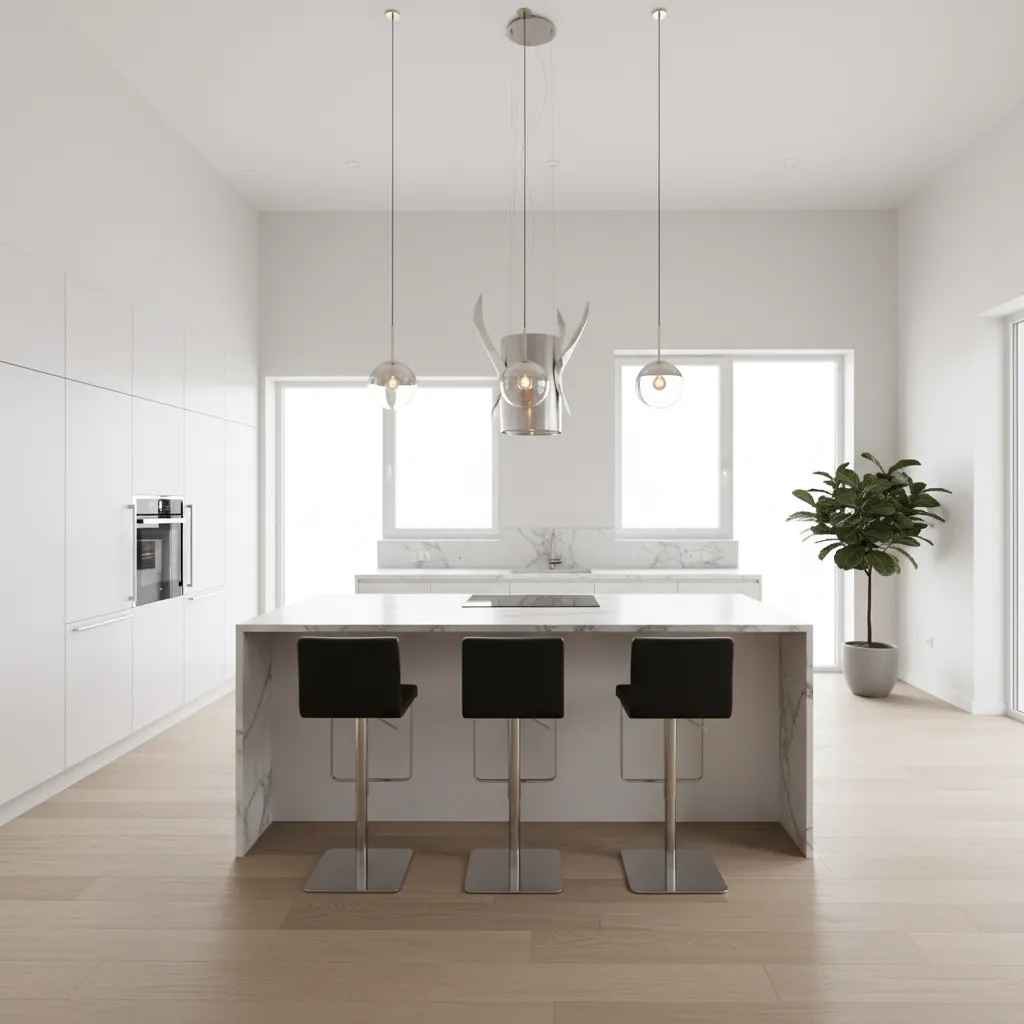 Open kitchen with island chimney suspended above cooking island